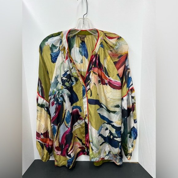 Anthropologie Vineet Bahl Retro Print Floral 100% Silk Blouse Top Size Medium - Picture 2 of 13